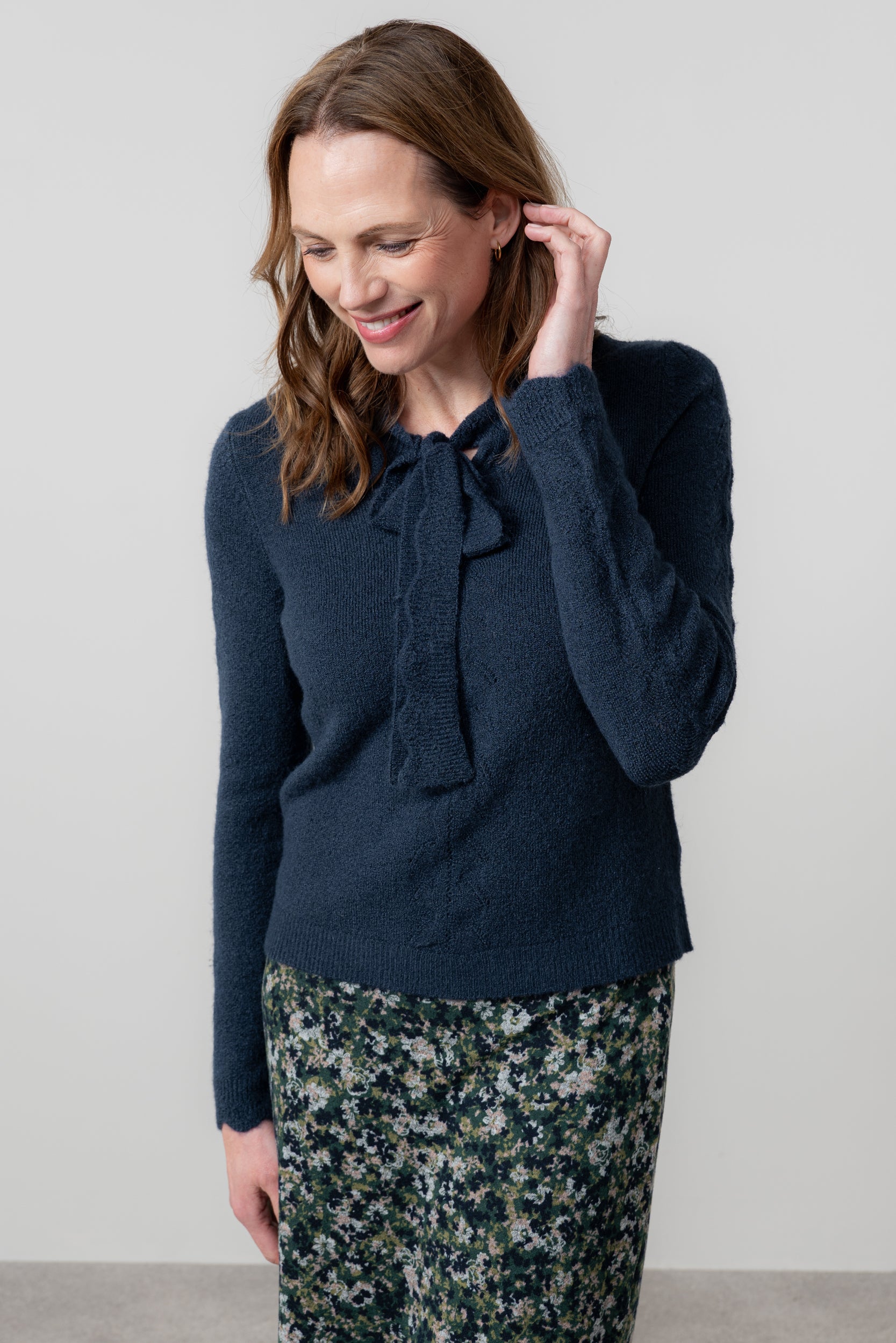 Lily & Me Elise Tie Neck Pointelle Jumper Navy