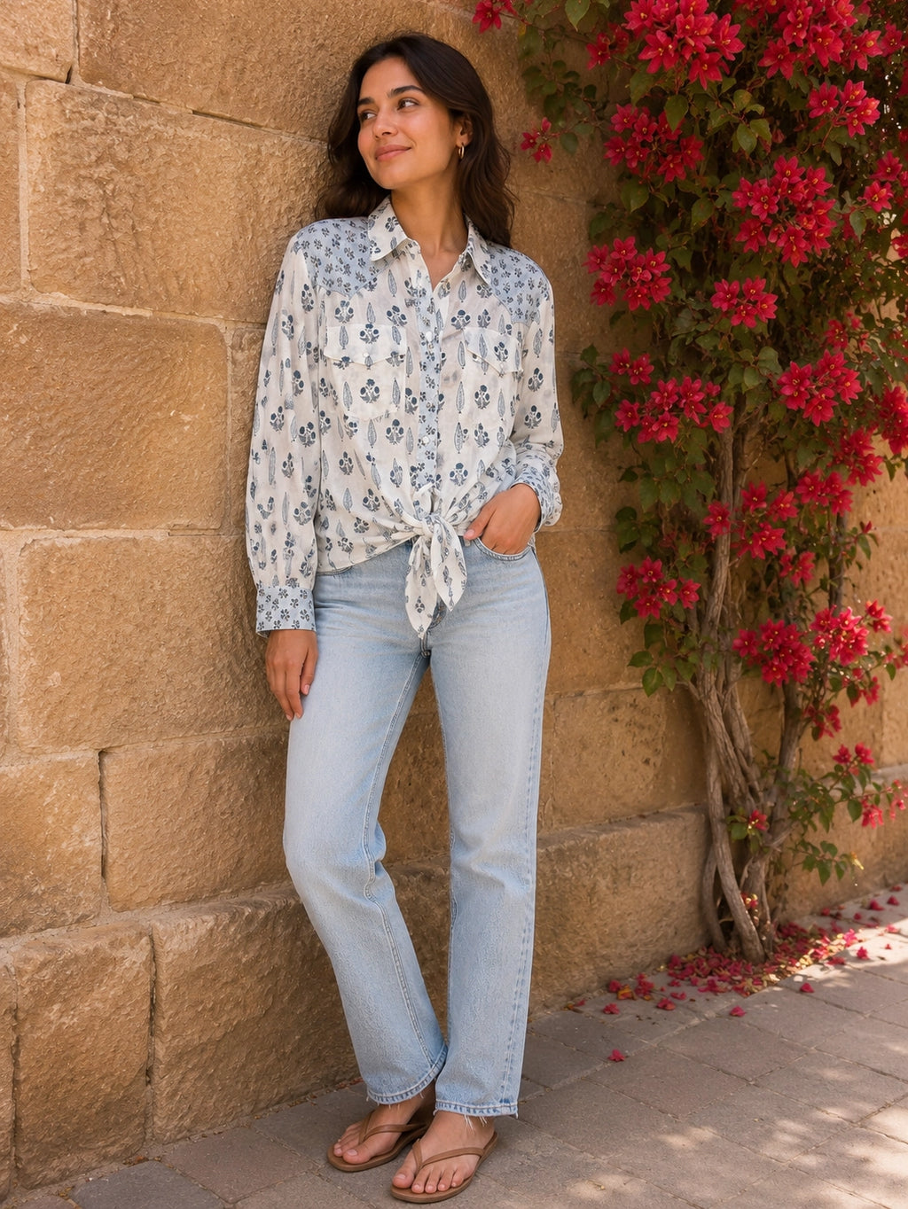 Long Sleeve Western Style Shirt in Cotton Voile, with A Beautiful Wood Block Print