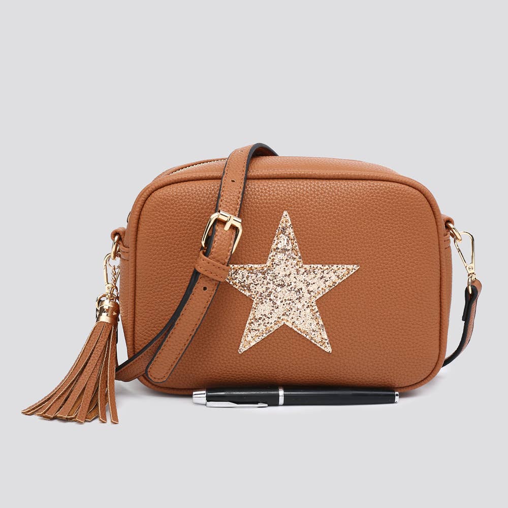 Premium Vegan Leather Camera Star Crossbody Bag #JNY3435AW26: BROWN