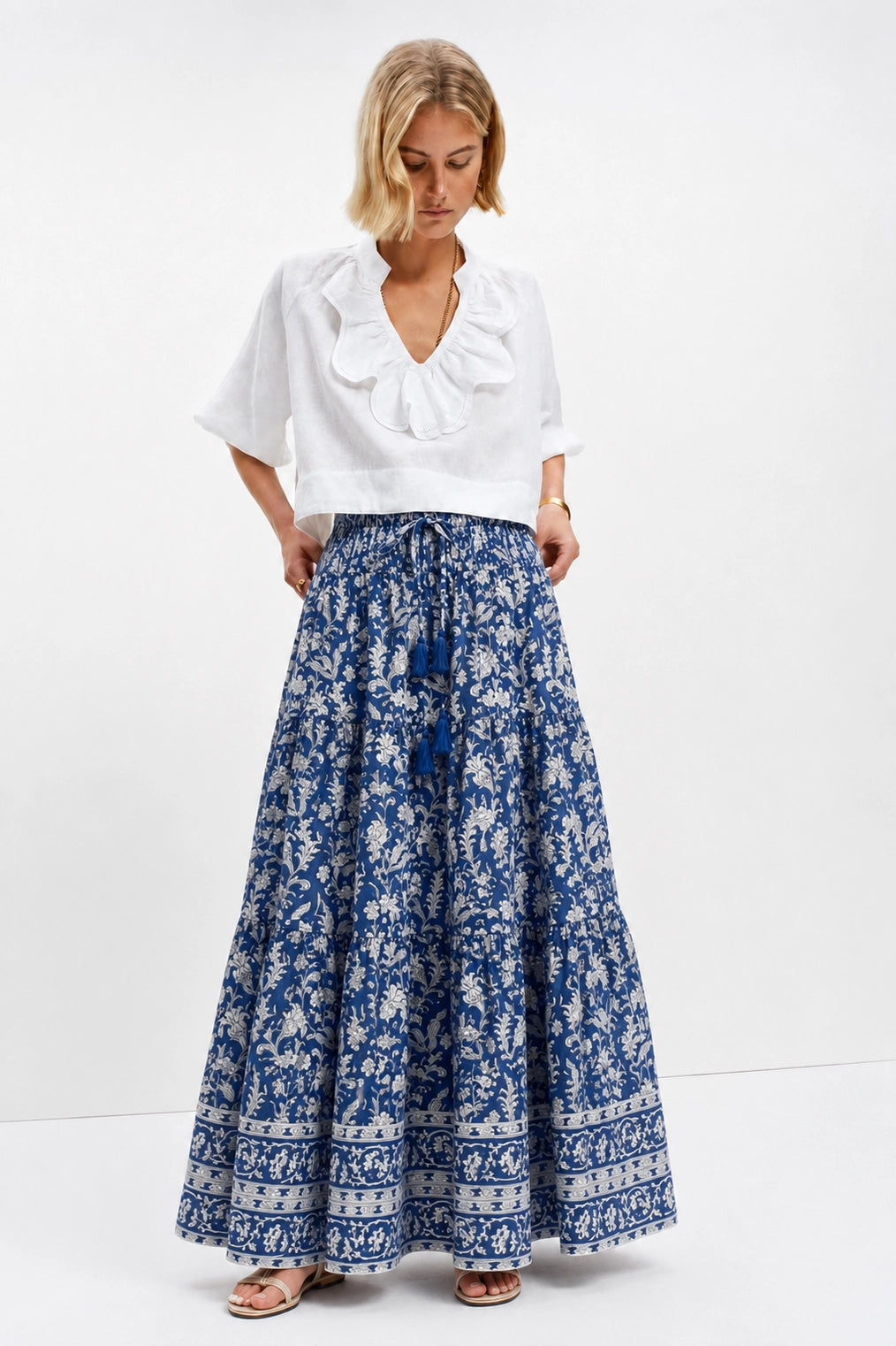 Brianne Woodblock Print Skirt with Border