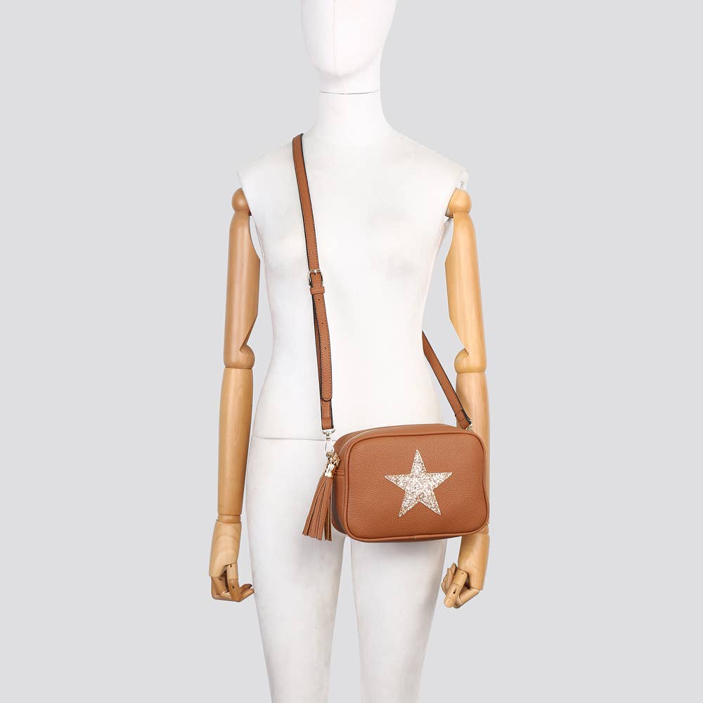 Premium Vegan Leather Camera Star Crossbody Bag #JNY3435AW26: BLACK