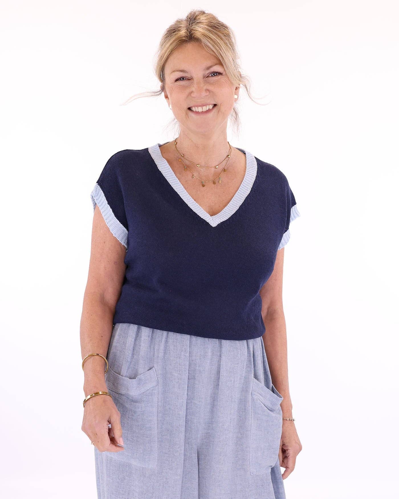 Cotton Blend Contrast Tank Top: Sage and Sand