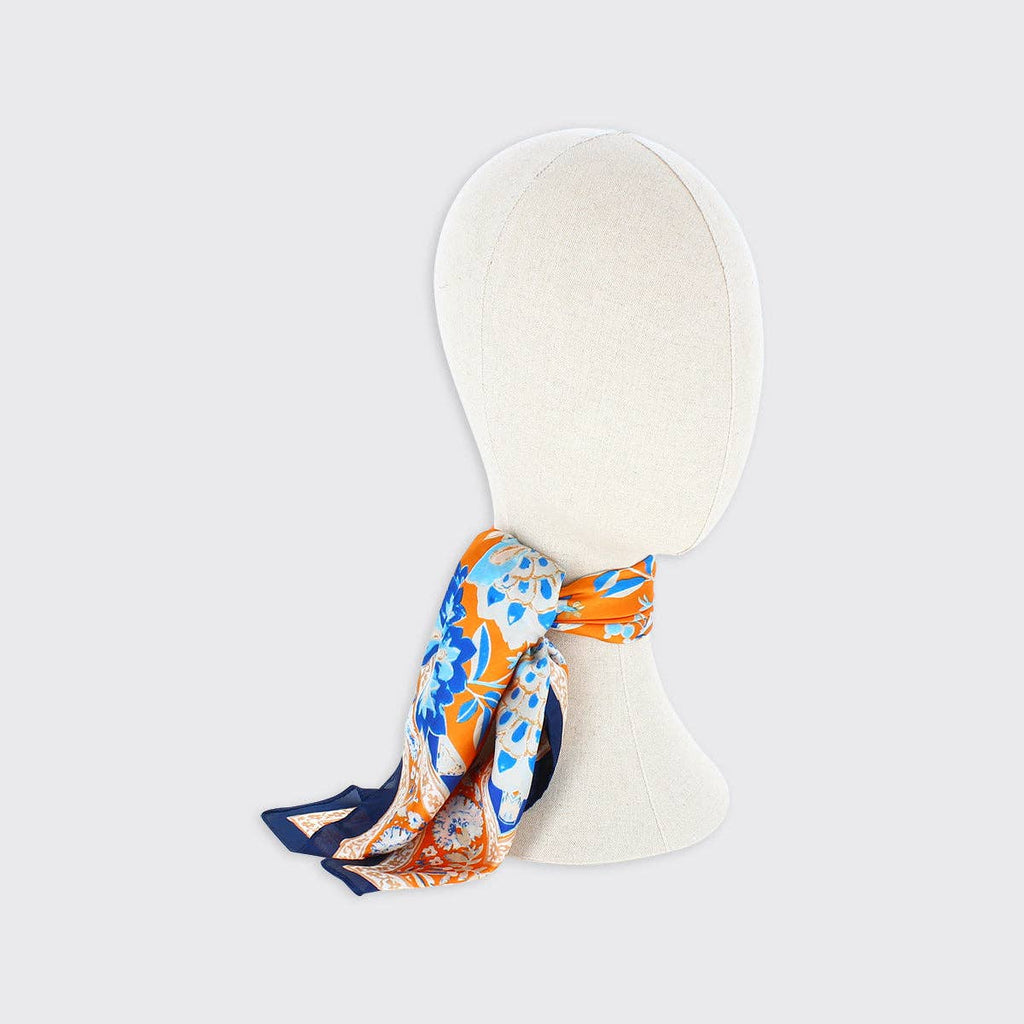 Phoebe Floral Square Scarf - Blue / Burnt Orange