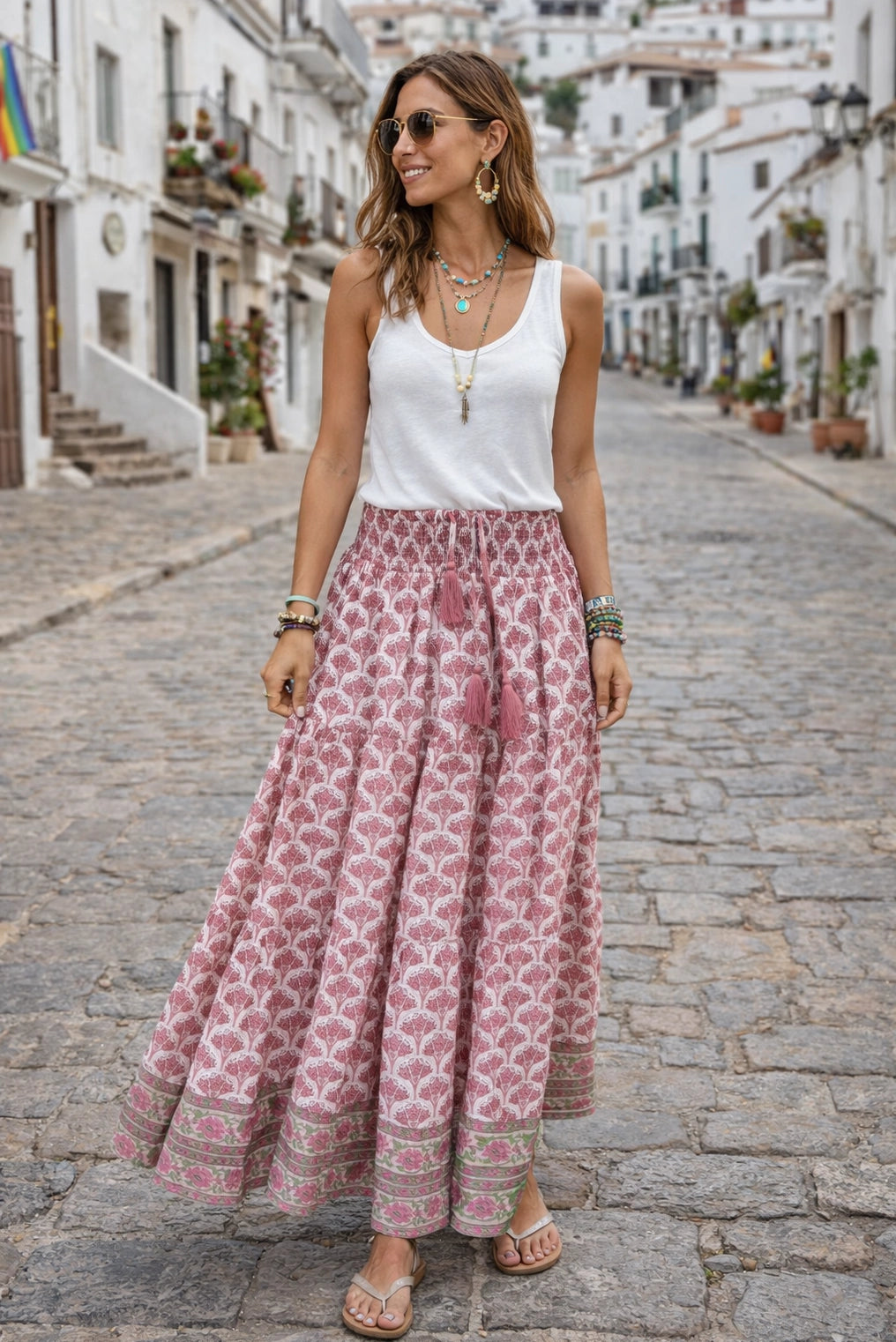 Adalyn Pink Wood Blocked Printed Gypsy Skirt Long