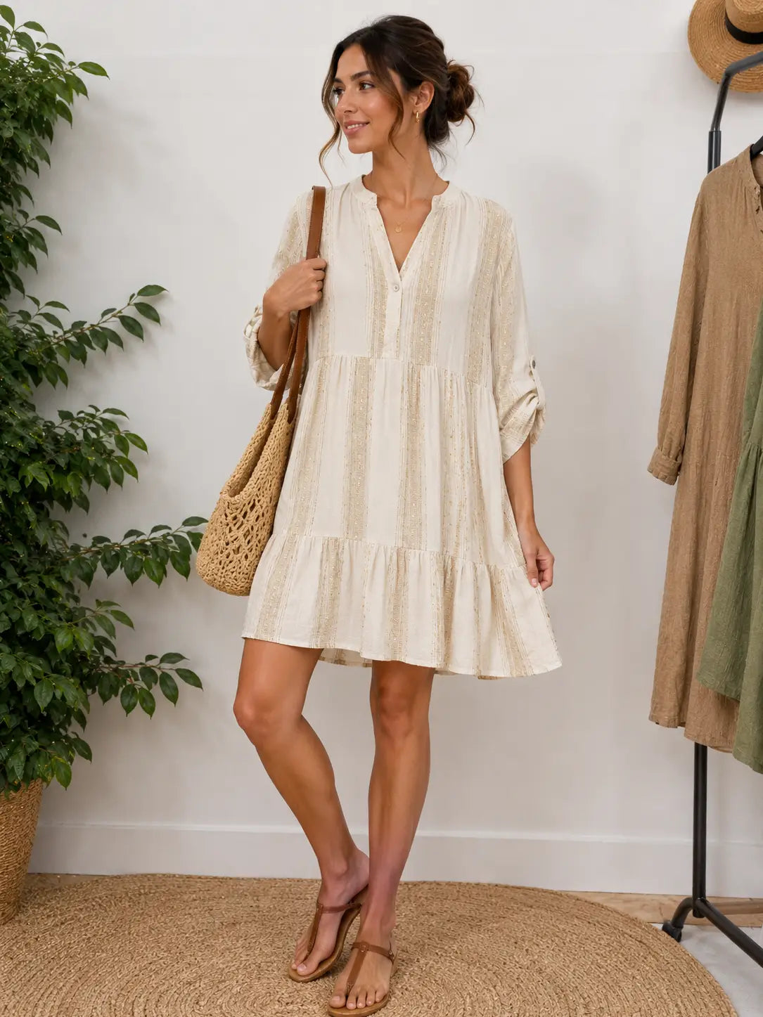Linen Cotton Tiered Beige Mini Dress