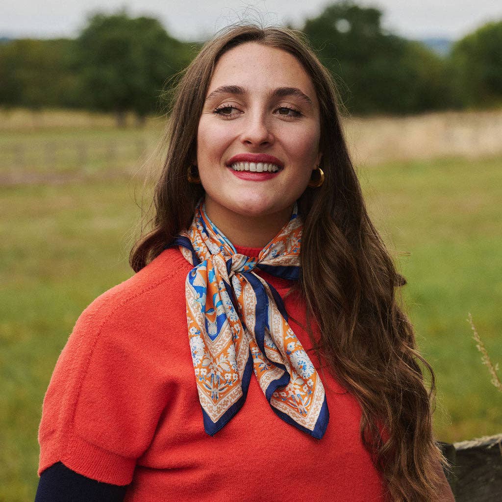 Phoebe Floral Square Scarf - Blue / Burnt Orange