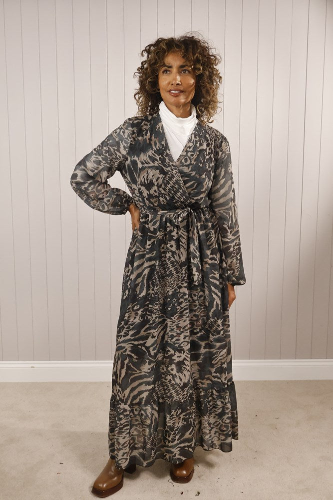 Goose Island Animal Print V-Neck Tie Dress Charcoal