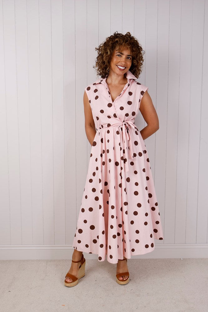 Light Pink Cotton Cross Over Polka Dot Dress