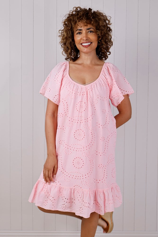 Light Pink Cotton Broderie Anglaise Midi Dress