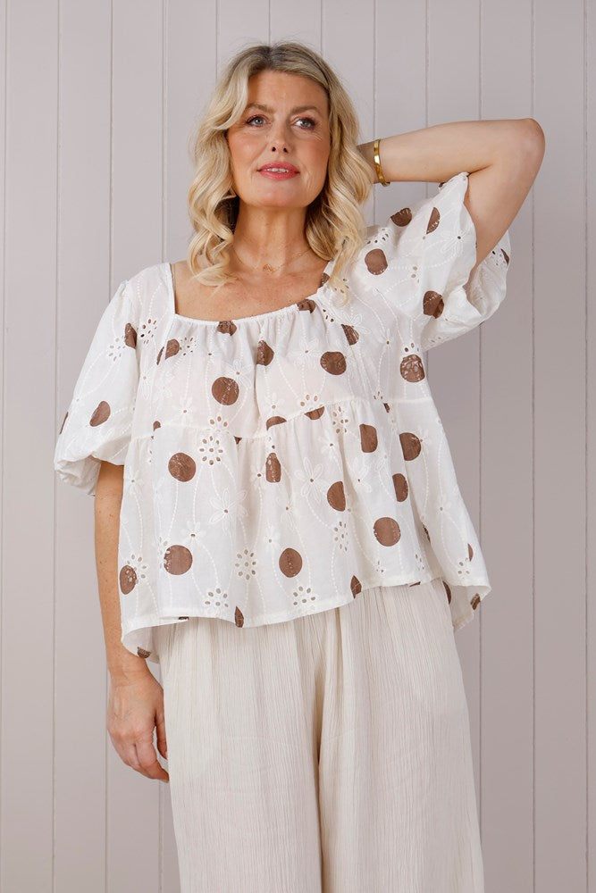Polka Dot Broderie Anglaise Puff Sleeve Top