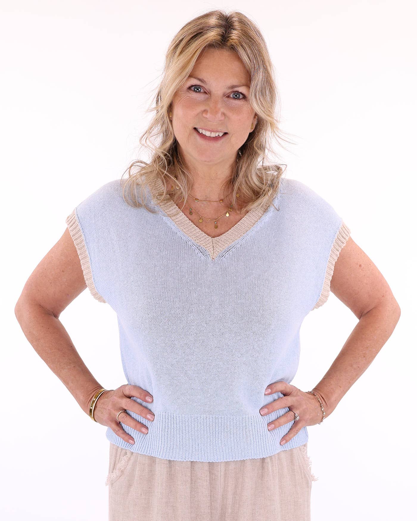 Cotton Blend Contrast Tank Top: Coral and Yellow