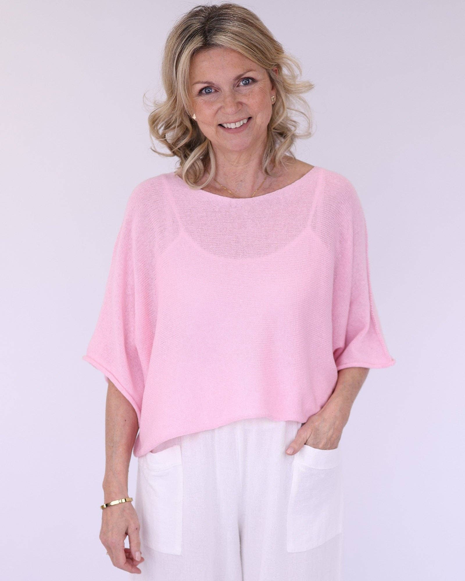 Cotton Blend Short Tunic Top: Pink / One Size