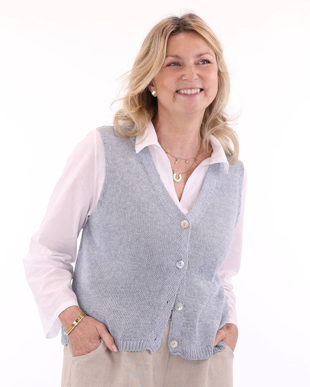 Cotton Blend Button Waistcoat: Terracotta