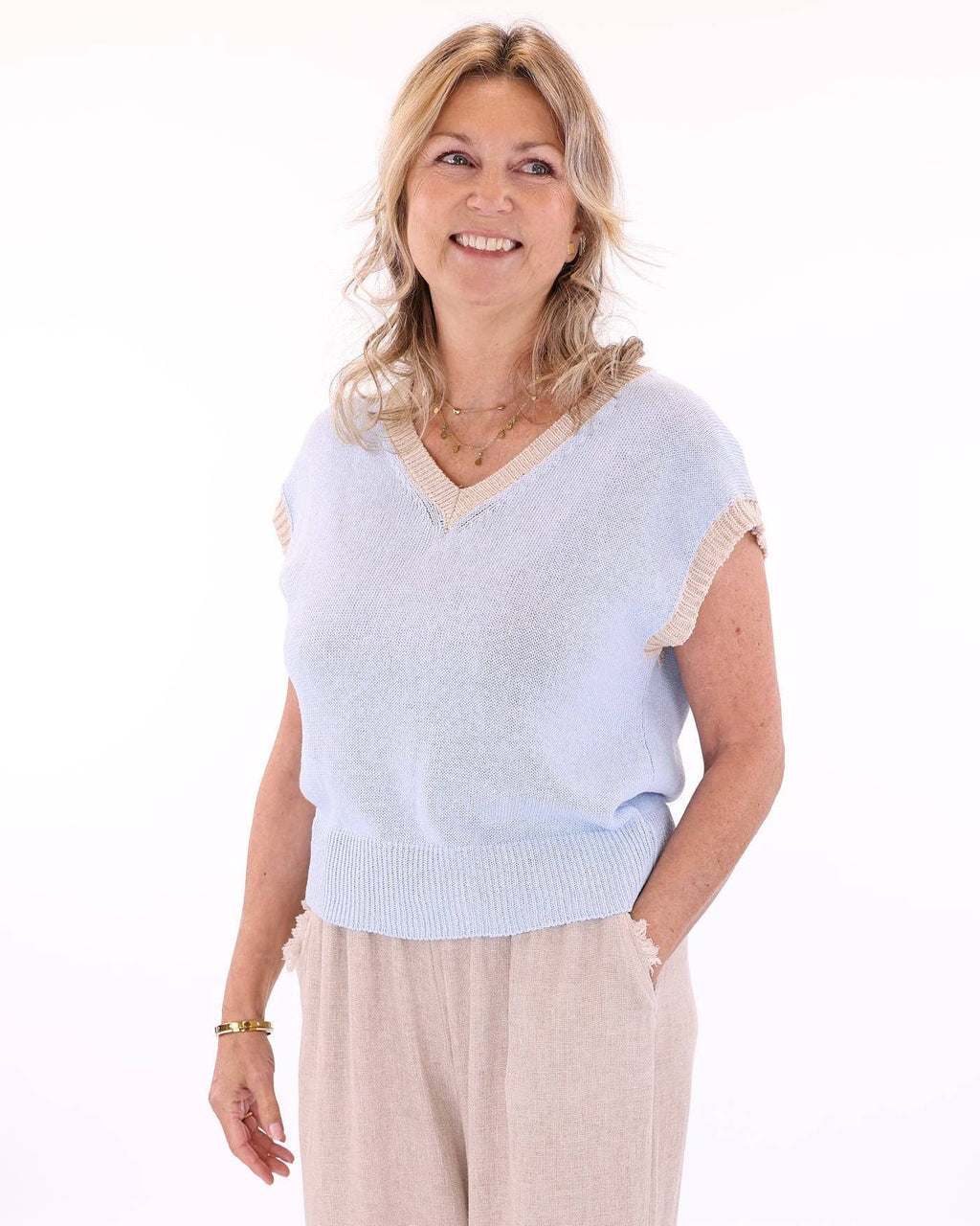 Cotton Blend Contrast Tank Top: Sage and Sand