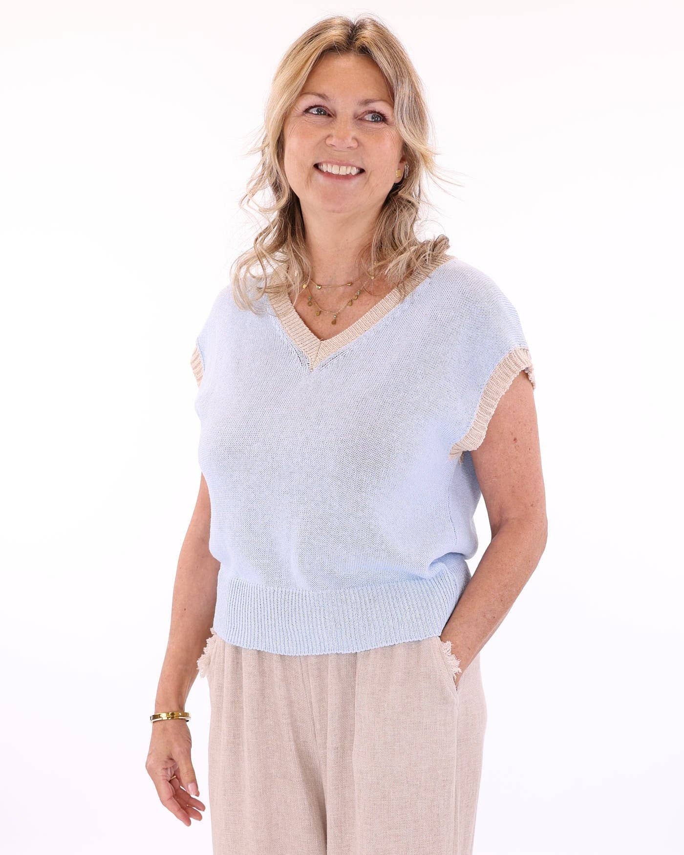 Cotton Blend Contrast Tank Top: Sage and Sand