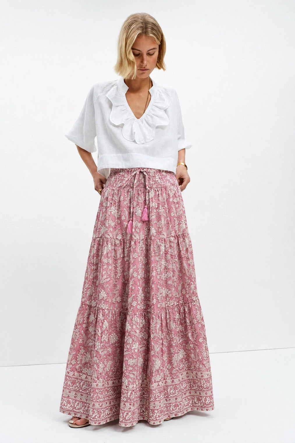 Brianne Woodblock Print Skirt with Border