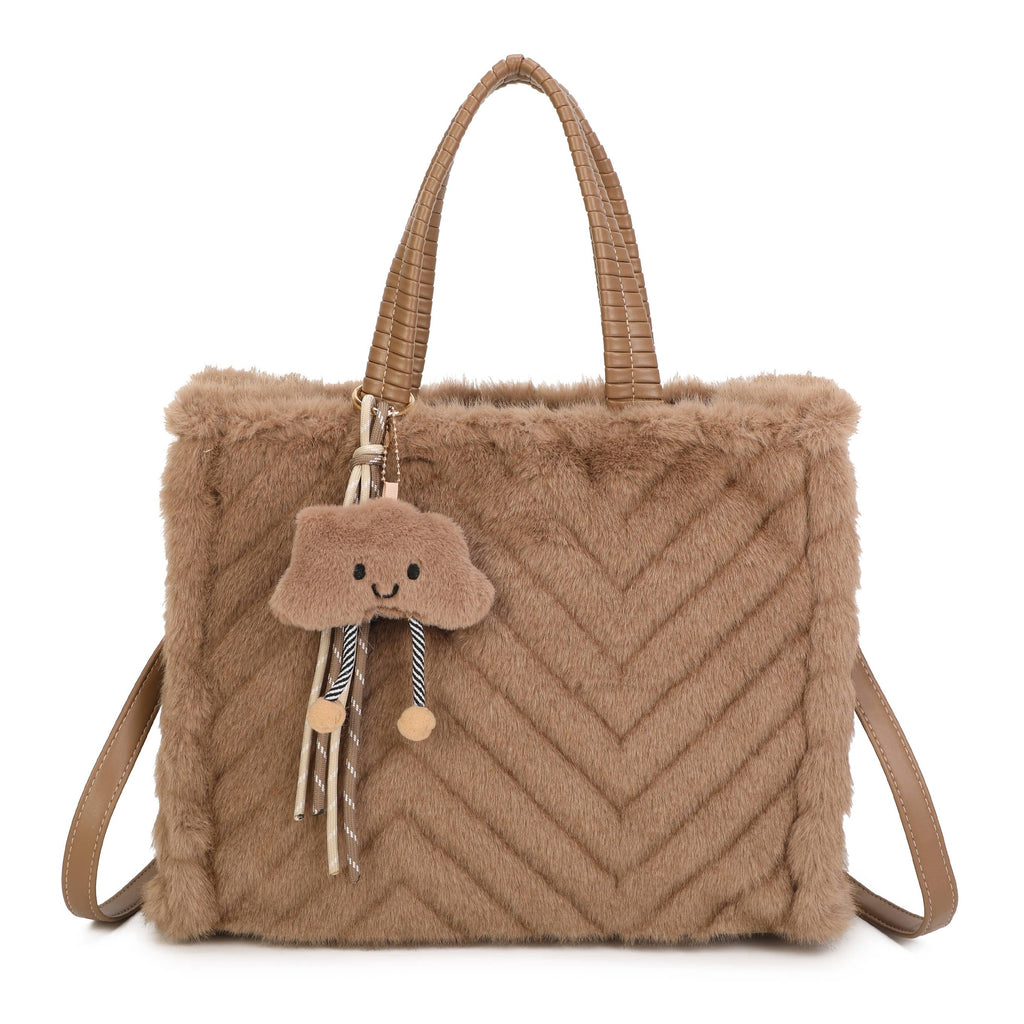H881 Fluffy Faux Fur Tote Bag: Coffee