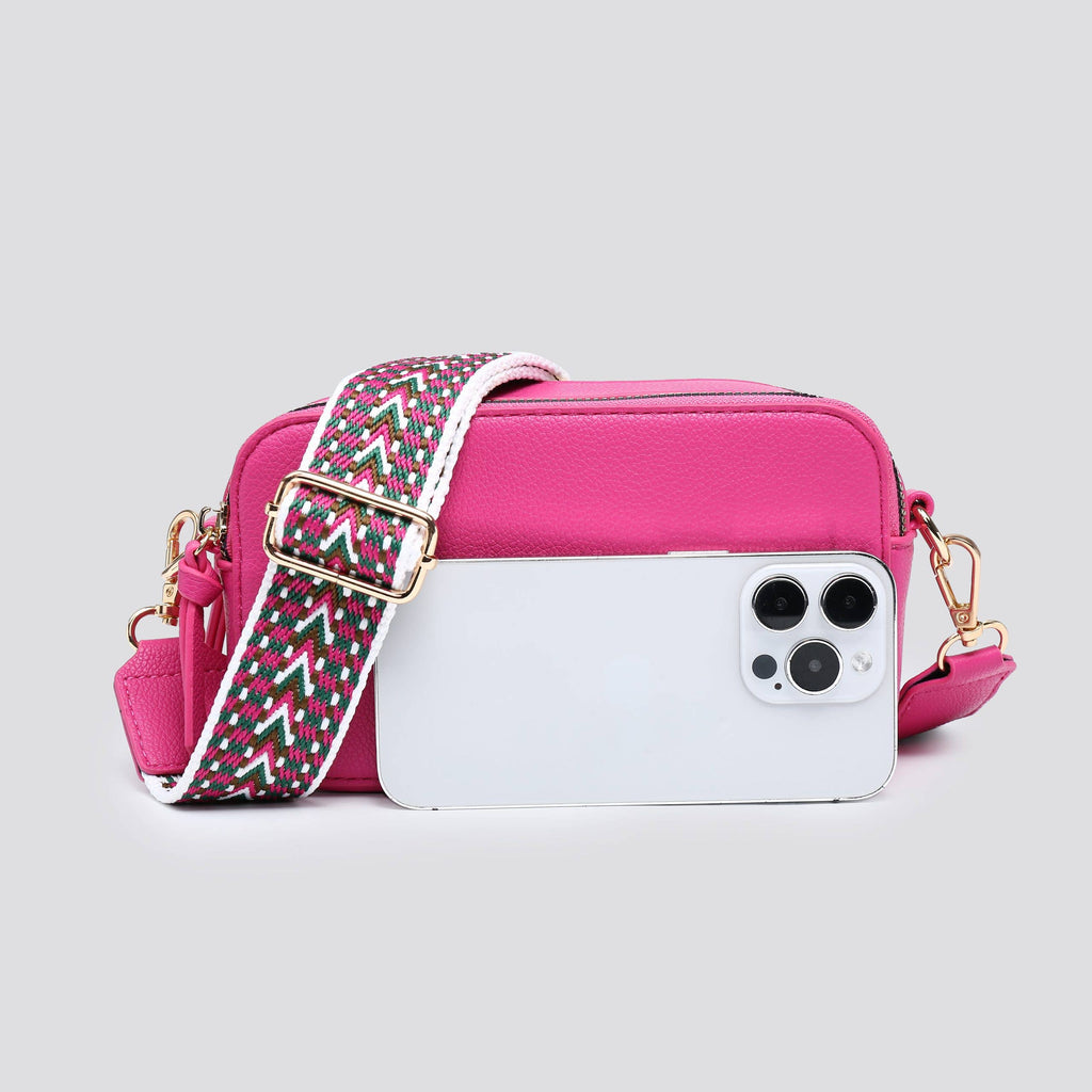 Leather Look Double Compartment Crossbody Bag # 3310: FUCHSIA