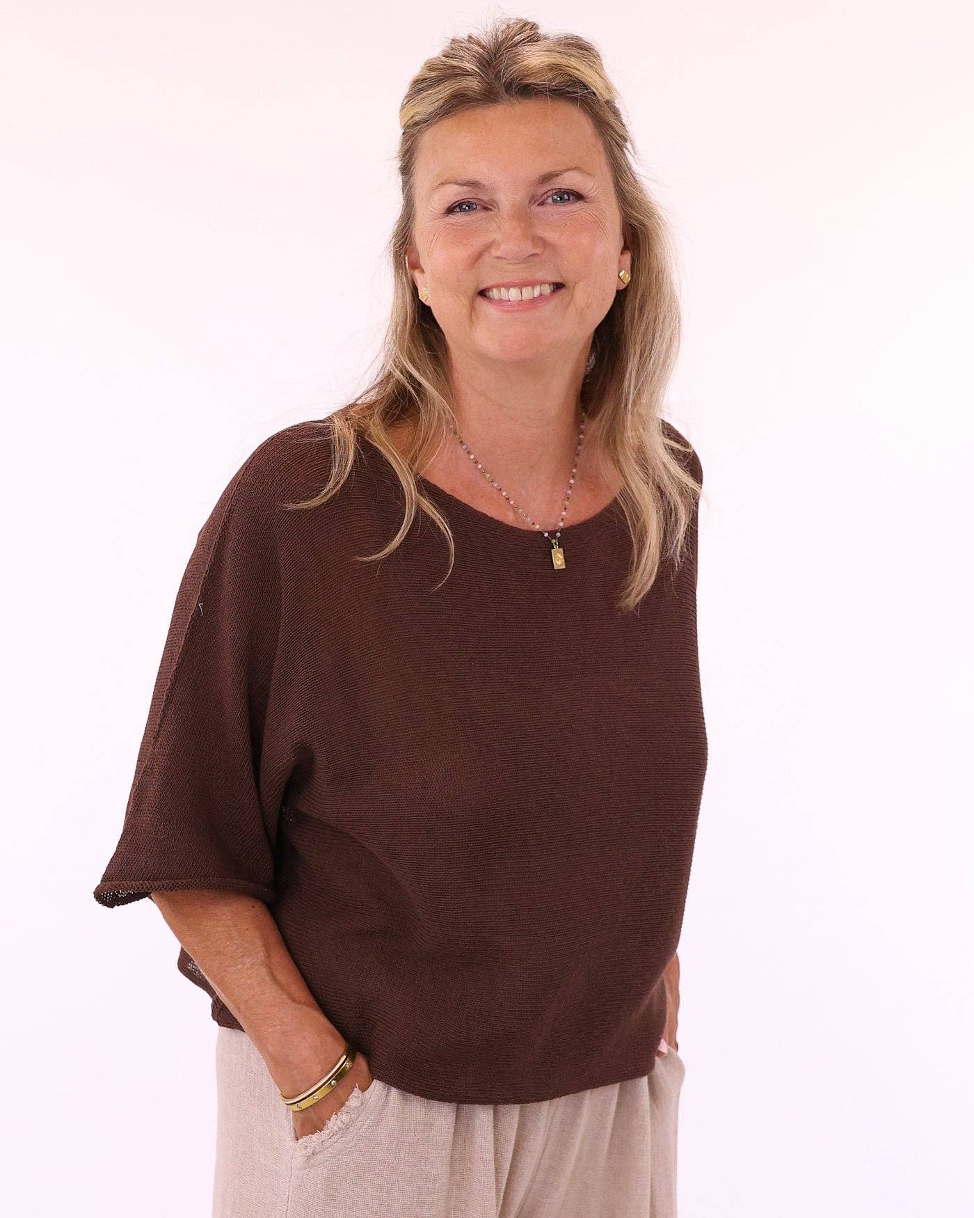 Cotton Blend Short Tunic Top: Chocolate / One Size