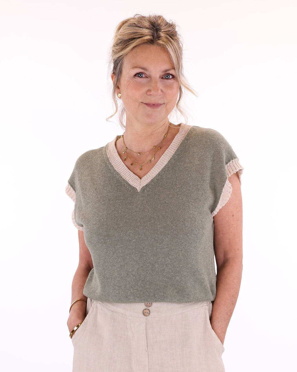 Cotton Blend Contrast Tank Top: Sage and Sand