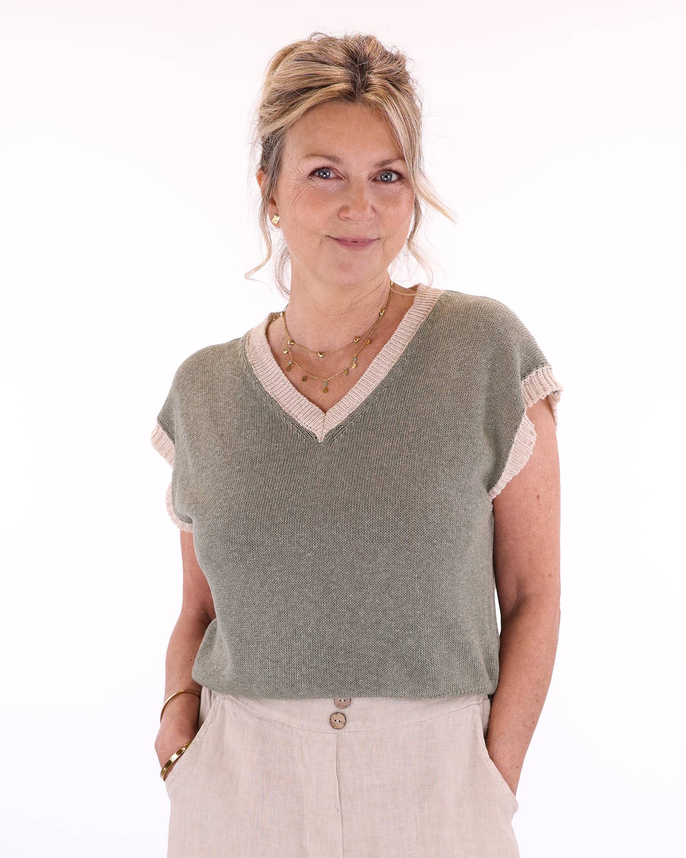 Cotton Blend Contrast Tank Top: Sage and Sand