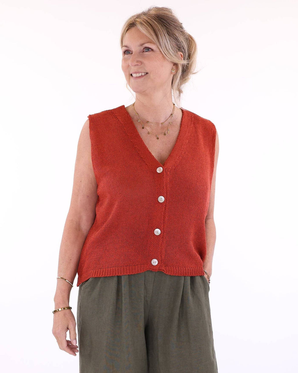 Cotton Blend Button Waistcoat: Coral