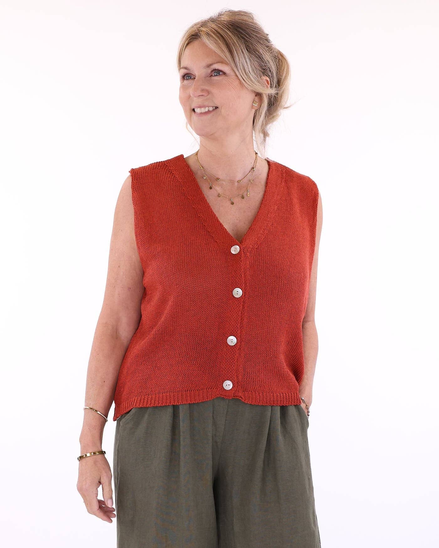 Cotton Blend Button Waistcoat: Coral