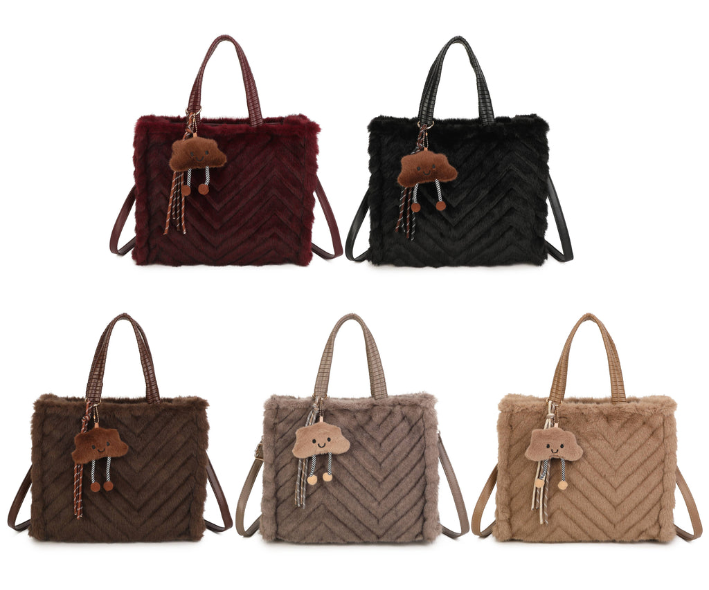 H881 Fluffy Faux Fur Tote Bag: Coffee