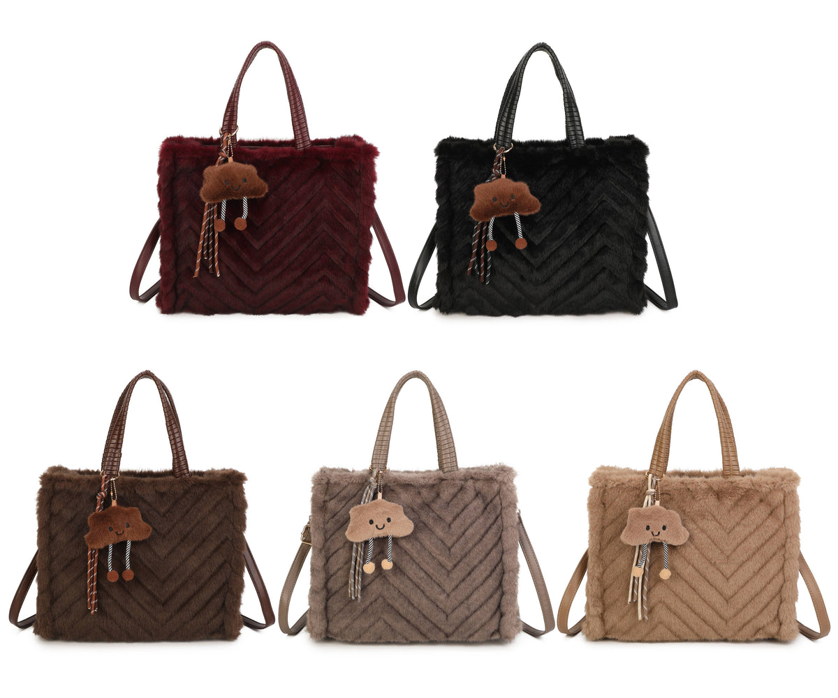 H881 Fluffy Faux Fur Tote Bag: Coffee