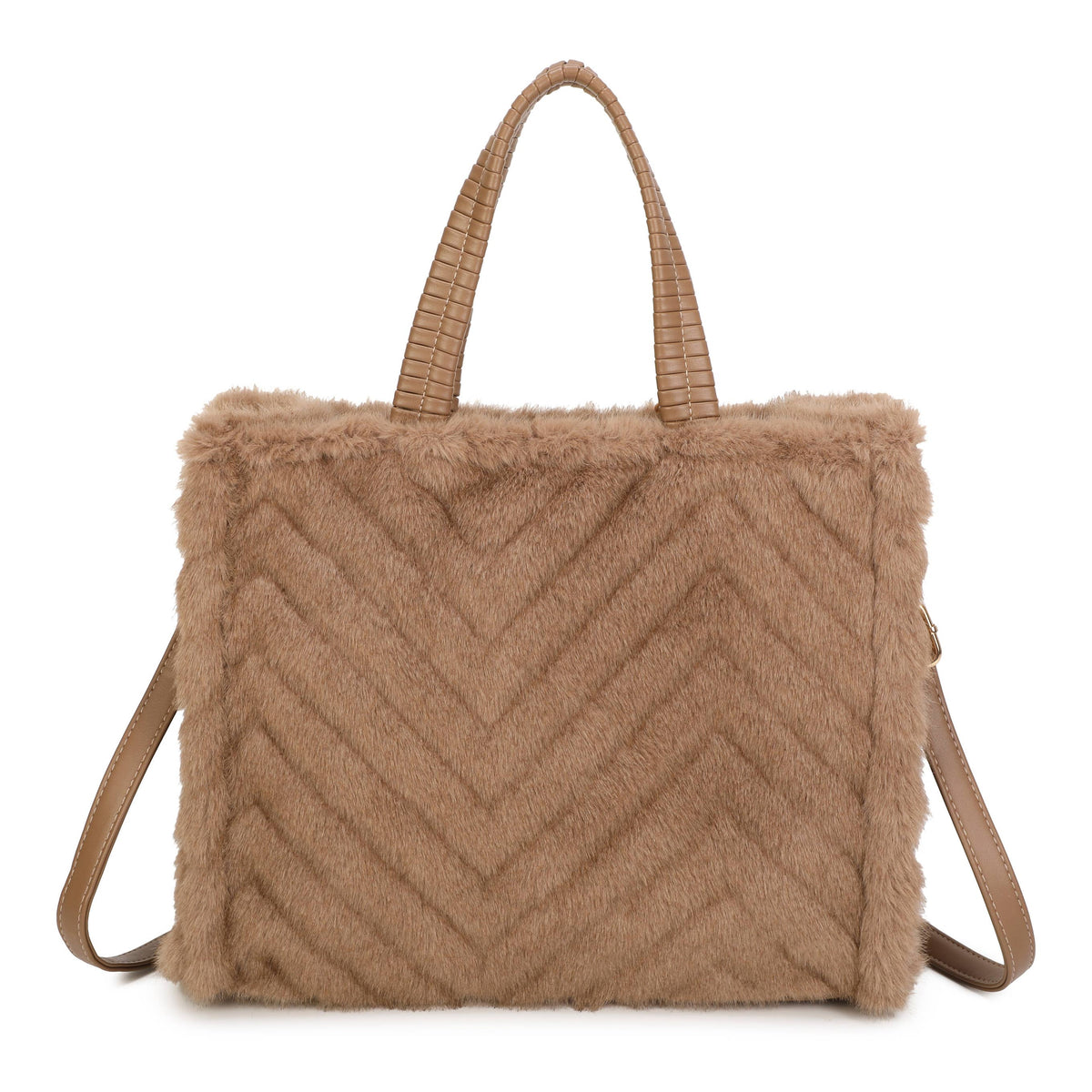 H881 Fluffy Faux Fur Tote Bag: Coffee