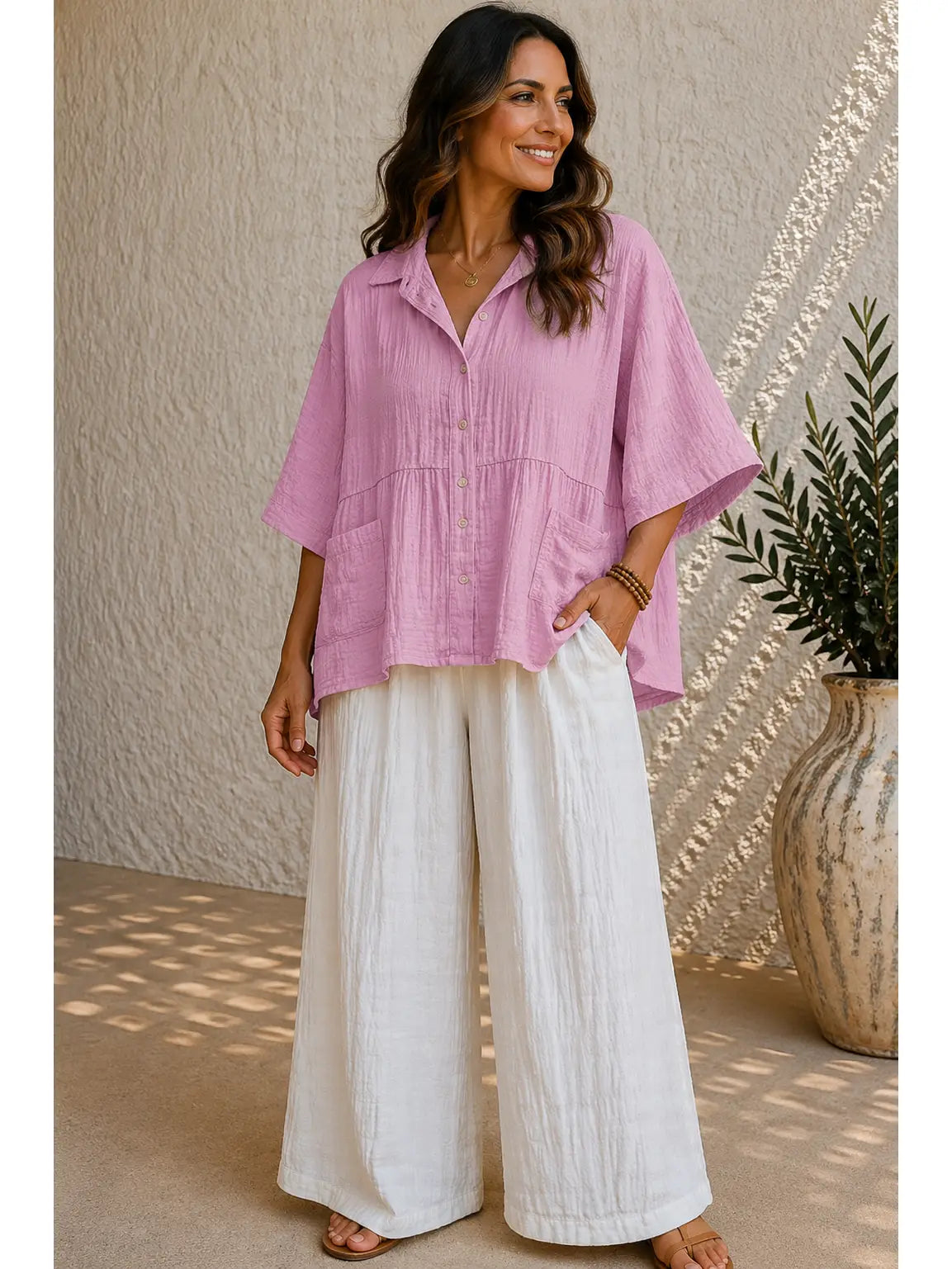 Crinkle Cotton Button-Through Relaxed Shirt Top Pink