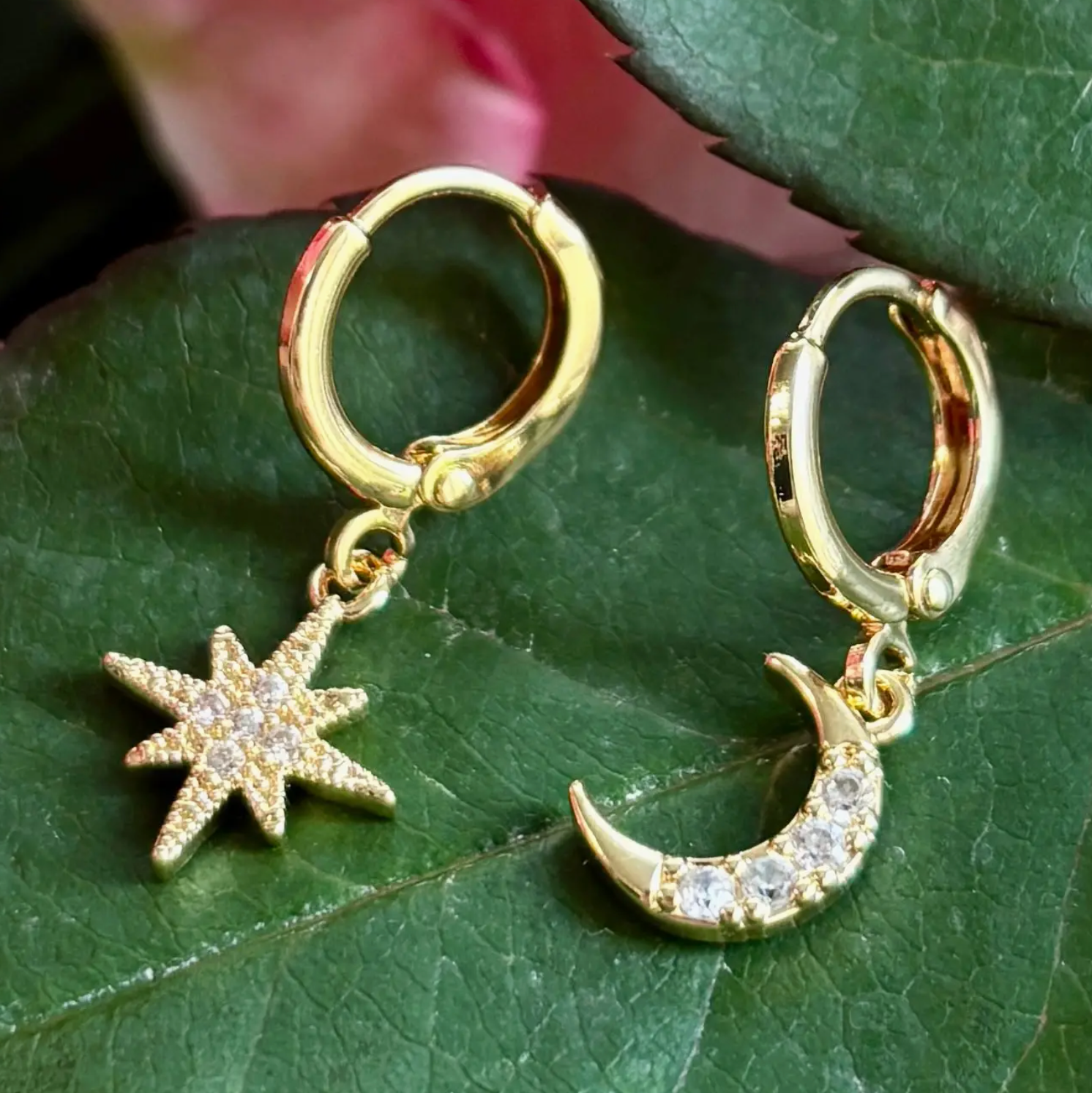 14ct Gold Plated Mismatched Cubic Zirconia Star and Moon Huggie Earrings