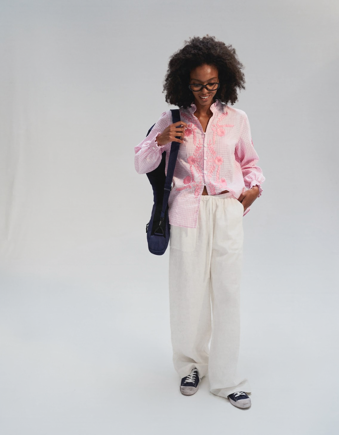 Floral Embroidery Cotton Check Blouse Pink