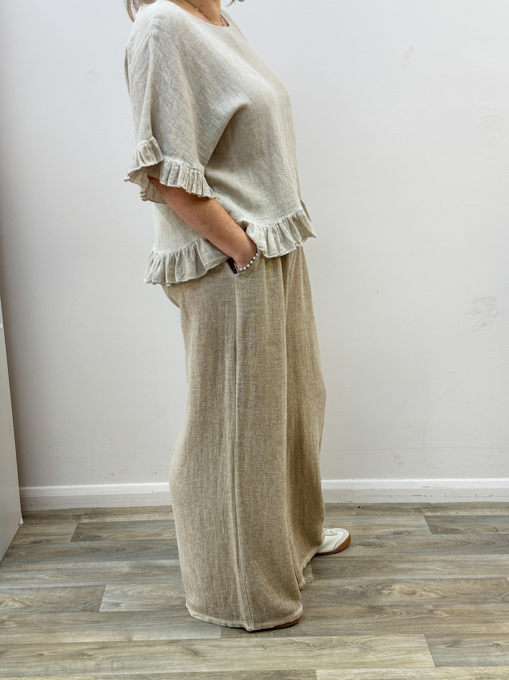 Beige Linen Blend Frill Top