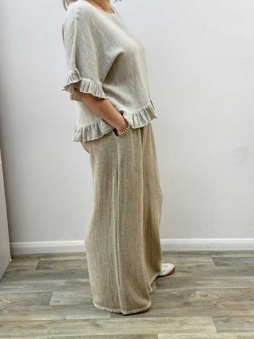 Beige Linen Blend Frill Top