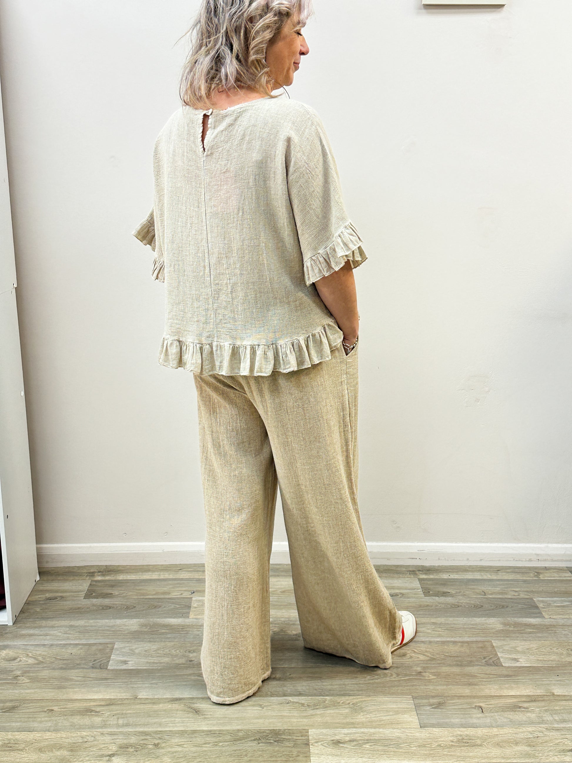 Beige Linen Blend Frill Top
