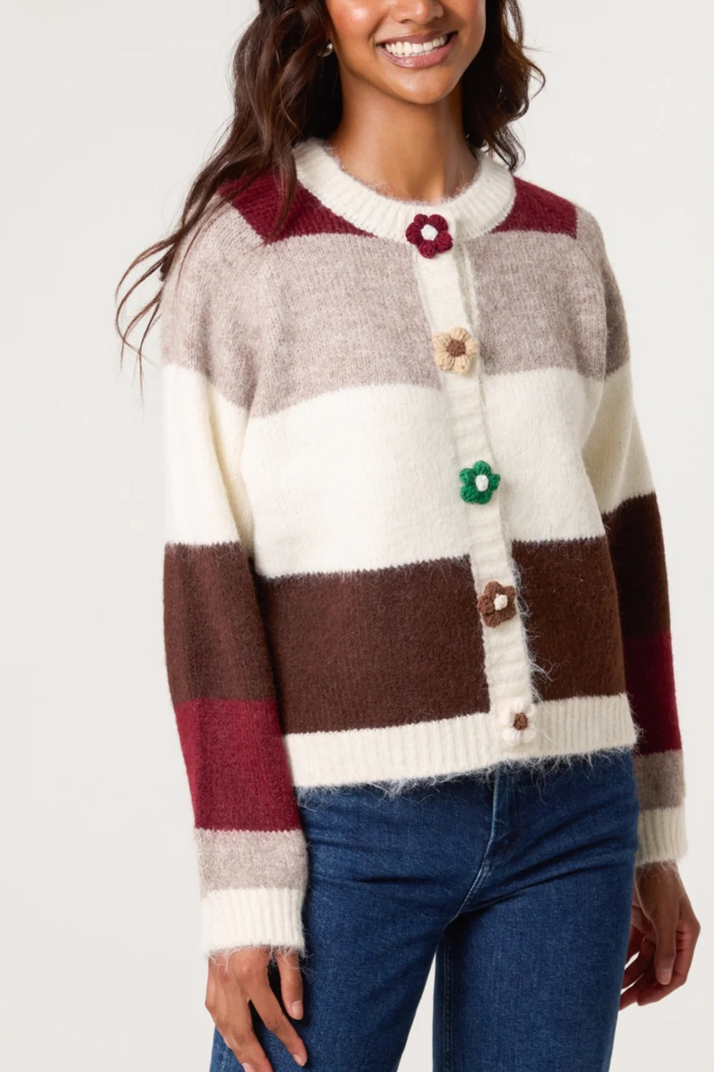 Striped Knit Flower Button Cardigan