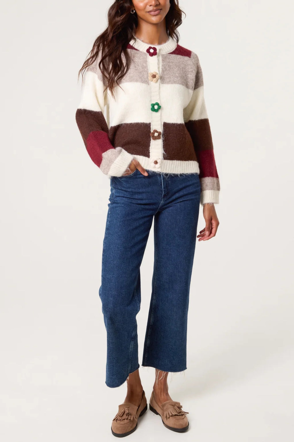 Striped Knit Flower Button Cardigan