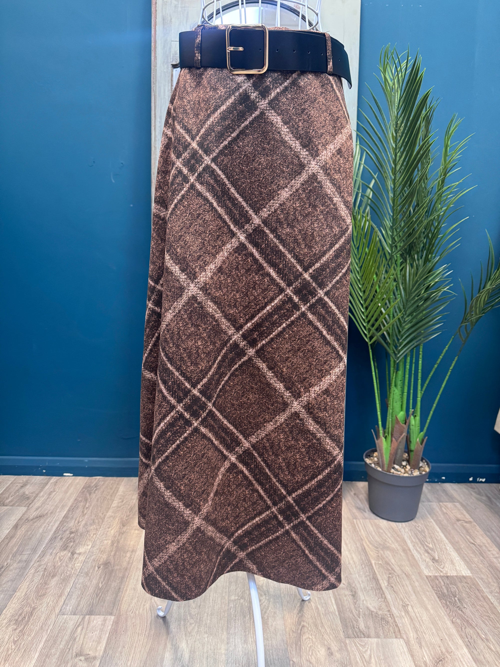 Tartan check Suedette Skirt Brown Ginger + Gray
