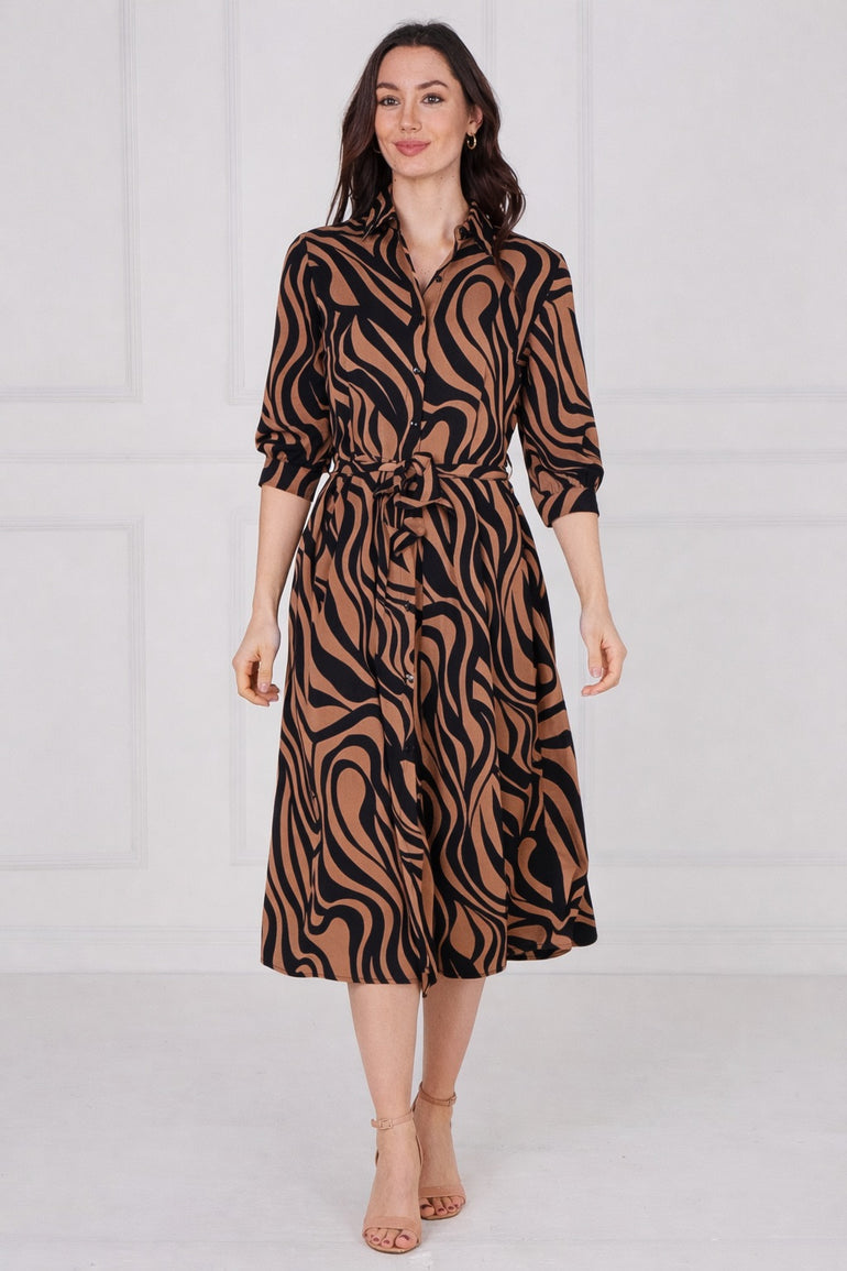 Black and Tan Swirl Print Half Sleeve Midi Shirt Dress