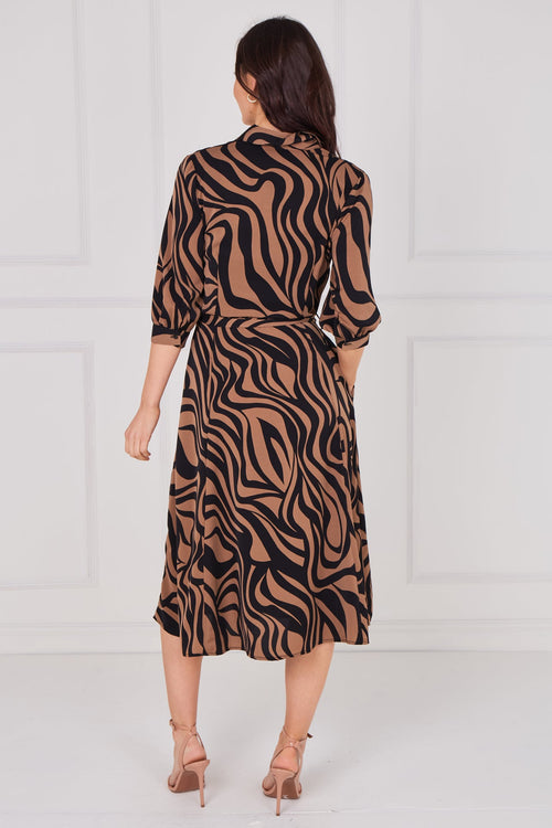 Black and Tan Swirl Print Half Sleeve Midi Shirt Dress
