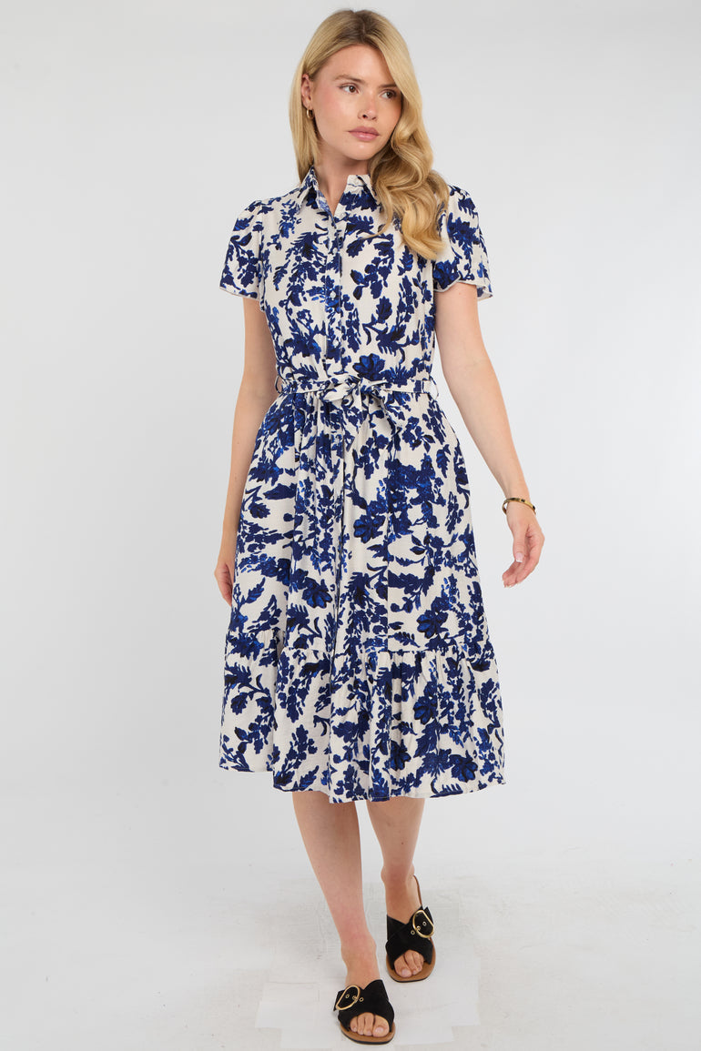 Cobalt Leaf Print Linen Midi Shirt Dress