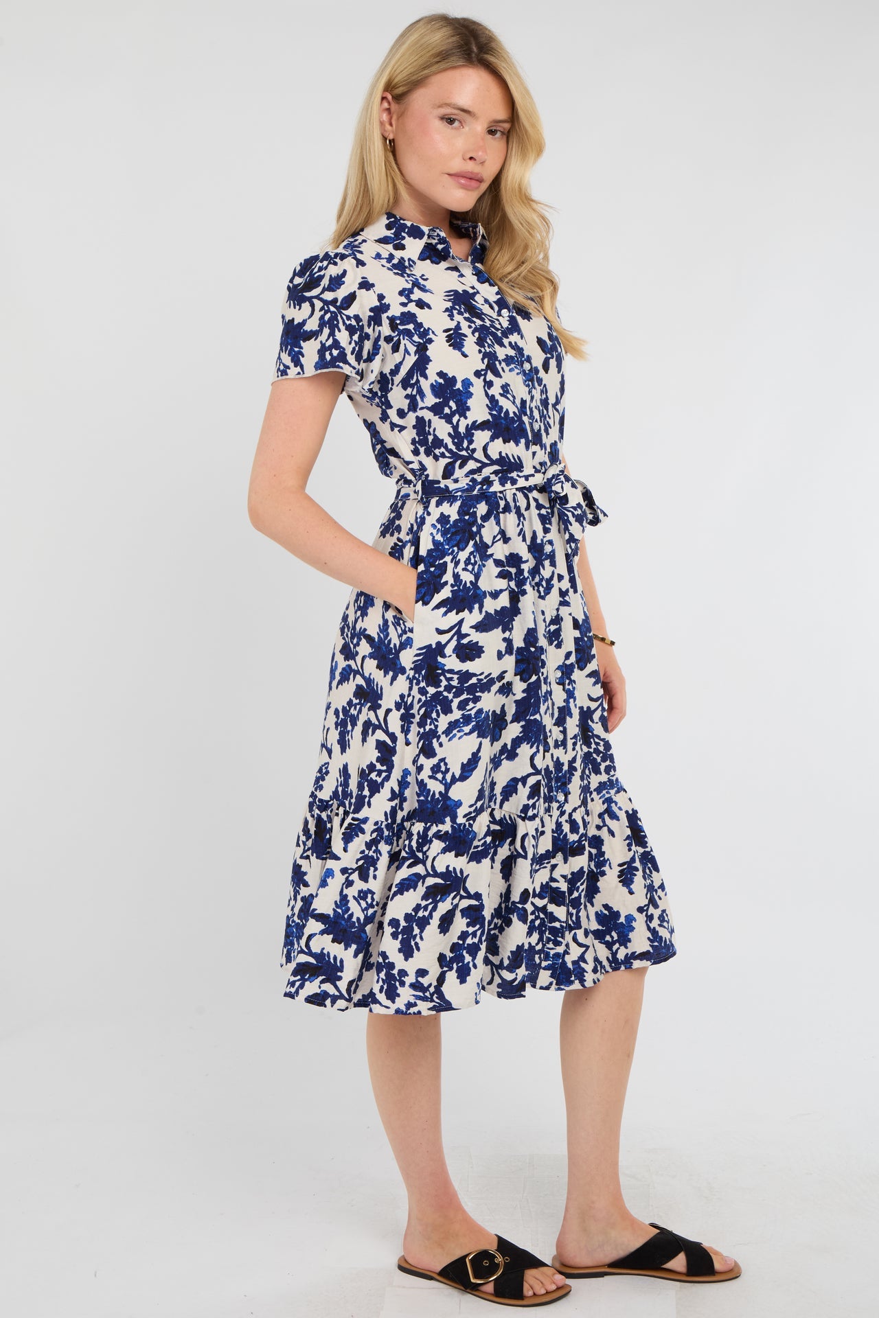 Cobalt Leaf Print Linen Midi Shirt Dress