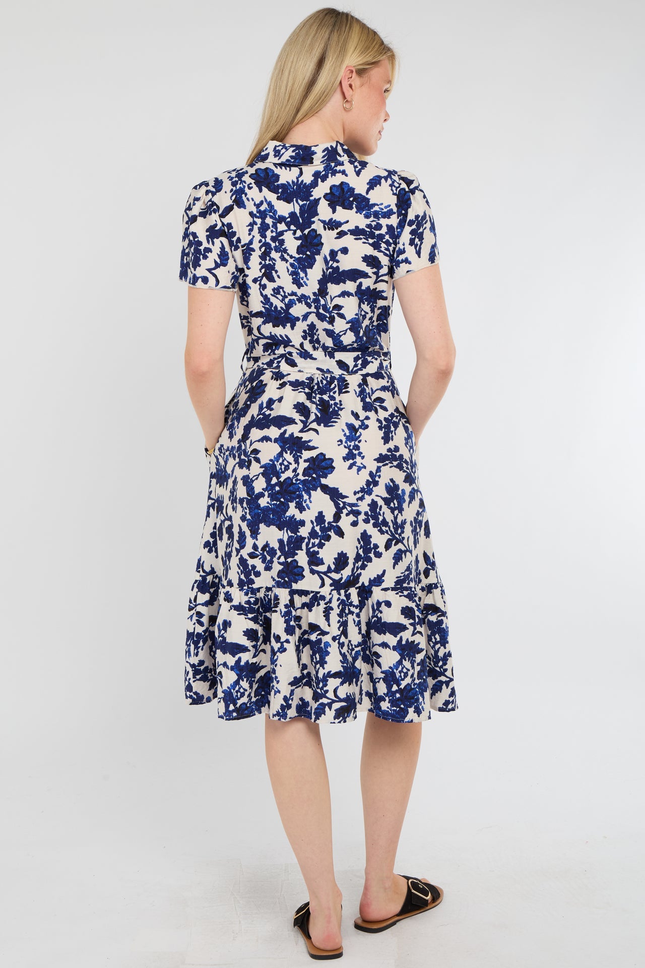 Cobalt Leaf Print Linen Midi Shirt Dress