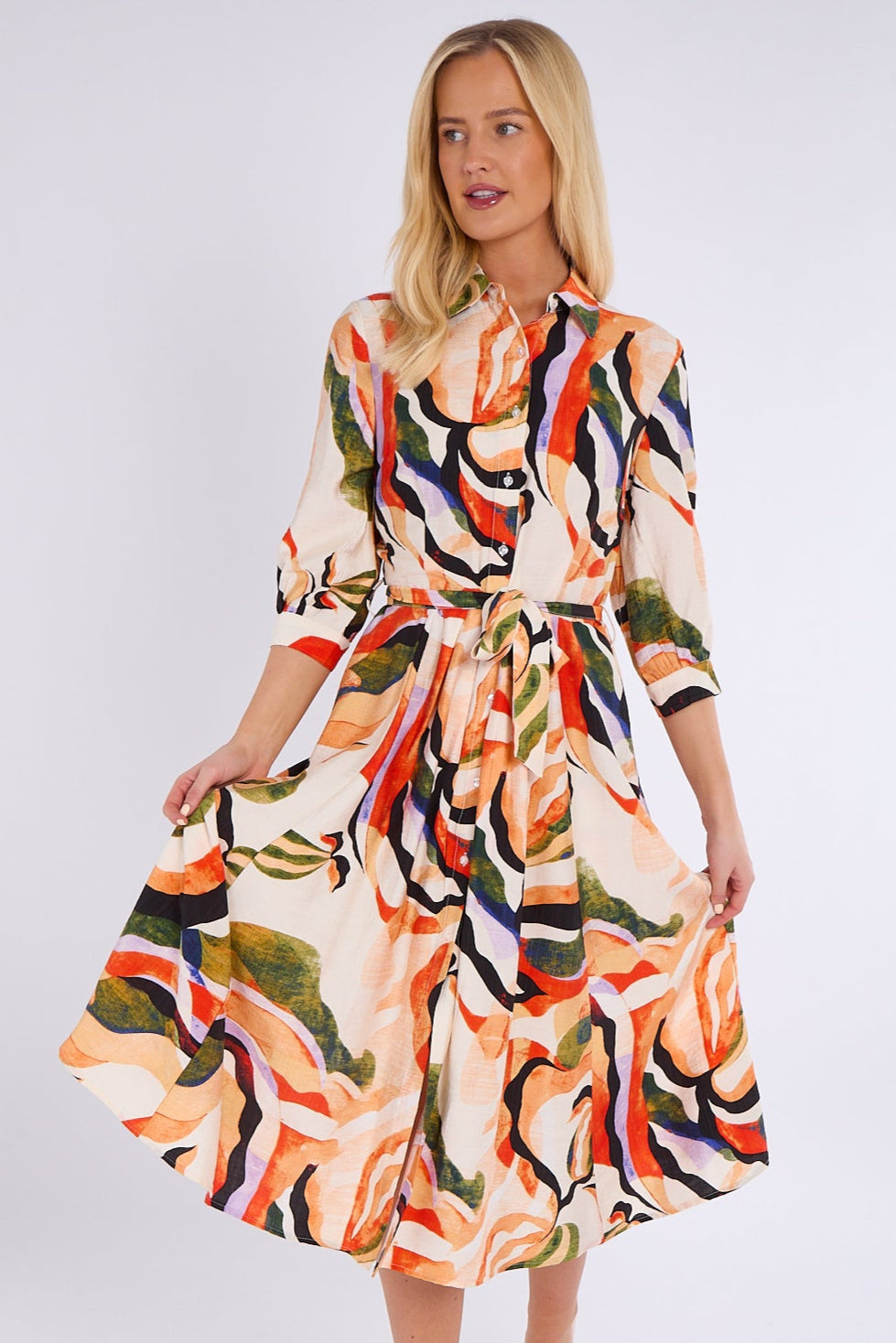Orange and Green Pattern Midi Shirt Dress