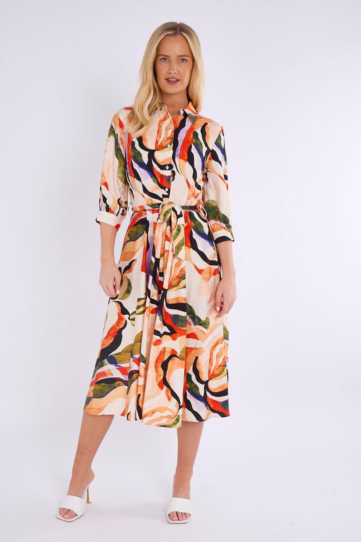 Orange and Green Pattern Midi Shirt Dress