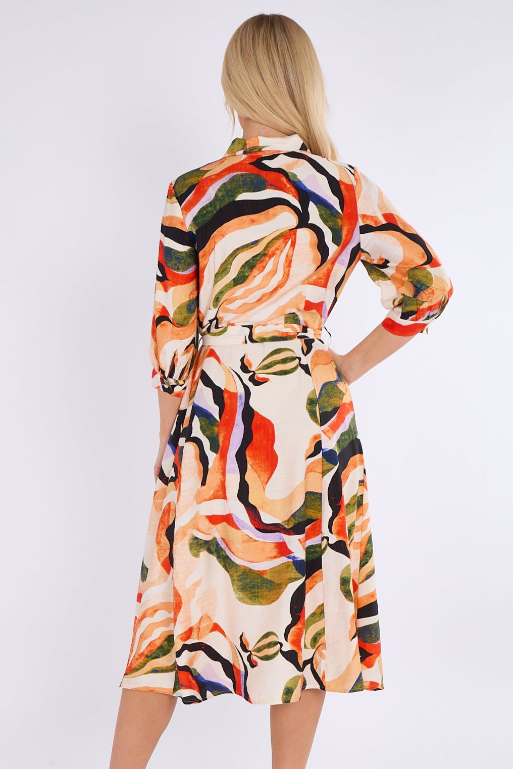 Orange and Green Pattern Midi Shirt Dress