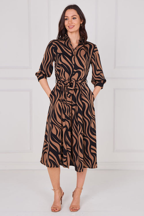 Black and Tan Swirl Print Half Sleeve Midi Shirt Dress