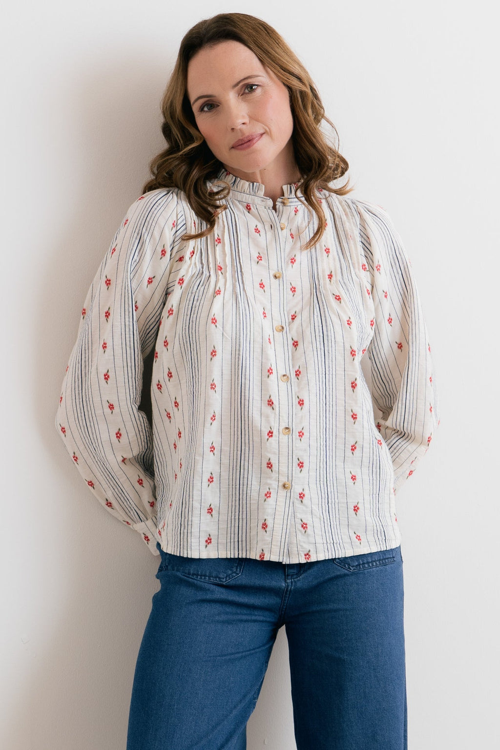 Lily & Me Flora Embroidered Stripe Blouse Ecru