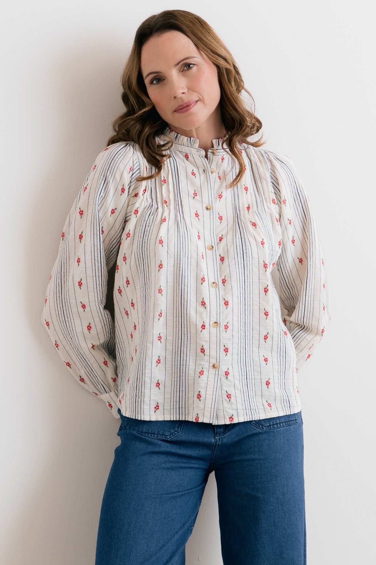 Lily & Me Flora Embroidered Stripe Blouse Ecru